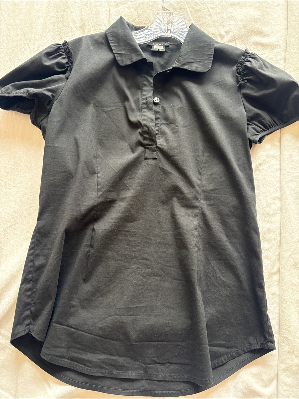 Theory Black Polo Top with Puff Sleeves